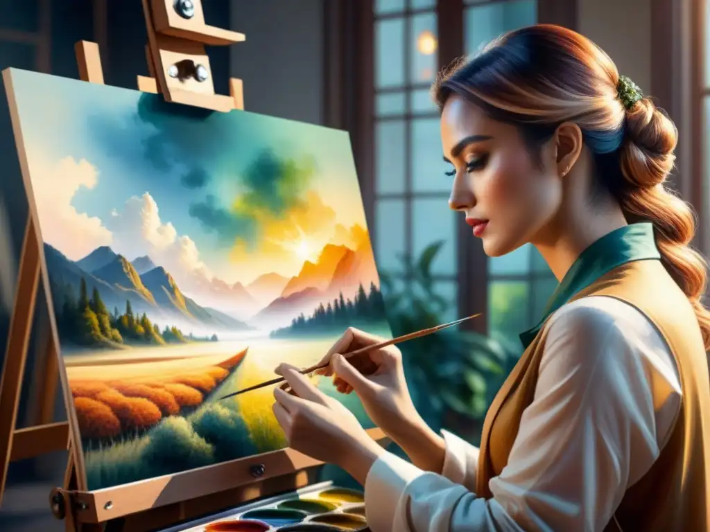 Un artista hábil pintando un retrato detallado con técnicas contemporáneas de dibujo figurativo en un estudio bien iluminado