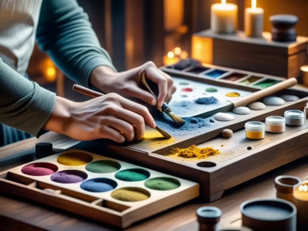 Artista histórico mezclando pigmentos con Blanco de Plomo en Arte, en un estudio vibrante y lleno de concentración