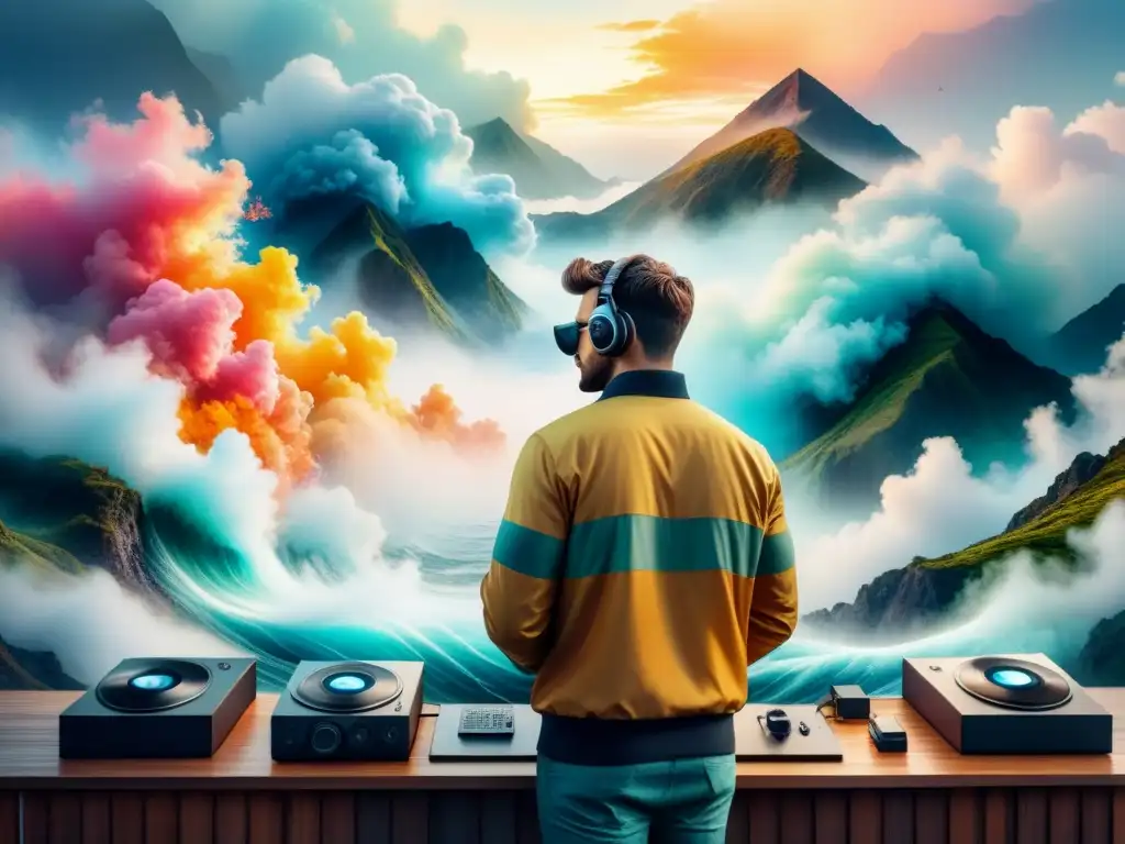 Artista inmerso en arte digital, rodeado de ondas sonoras y colores vibrantes