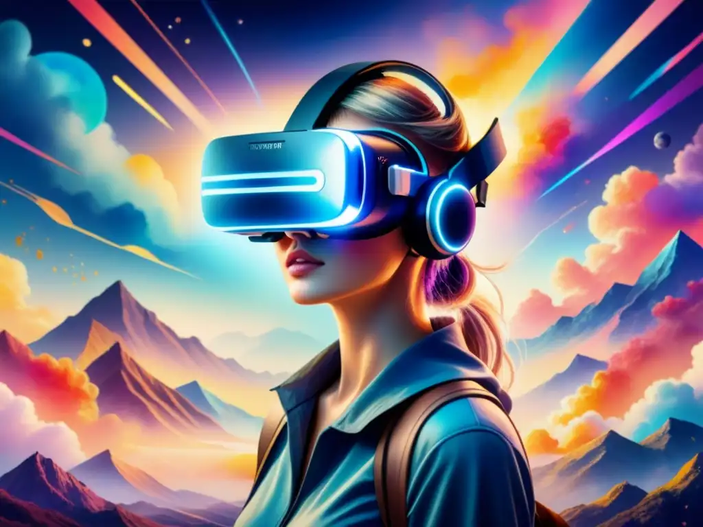 Un artista inmerso en un mundo digital vibrante y abstracto a través de la realidad virtual, mostrando conexiones emocionales realidad virtual