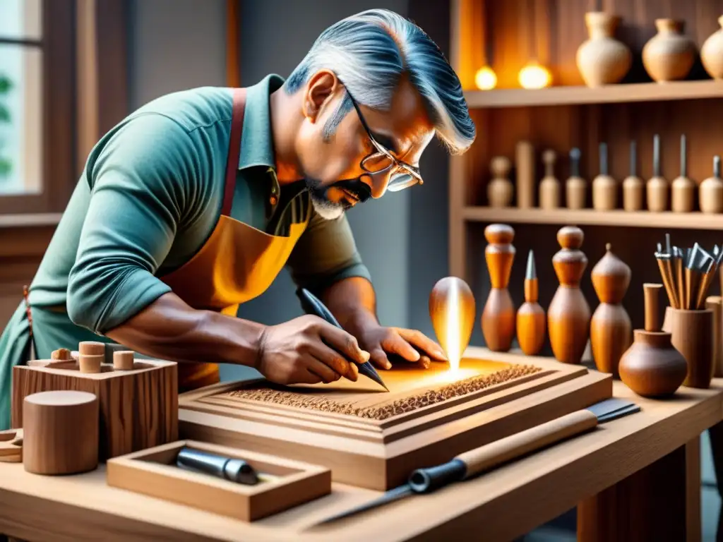 Un artista tallando delicadamente la madera, rodeado de herramientas y esculturas en un estudio sereno