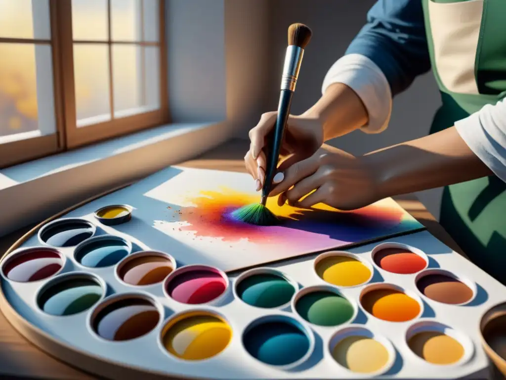 Maestro del color: mezcla de acuarelas vibrantes Un artista maestro mezcla pinturas para obras maestras en una paleta blanca, creando una fusión de colores vibrantes y detallados bajo la luz natural