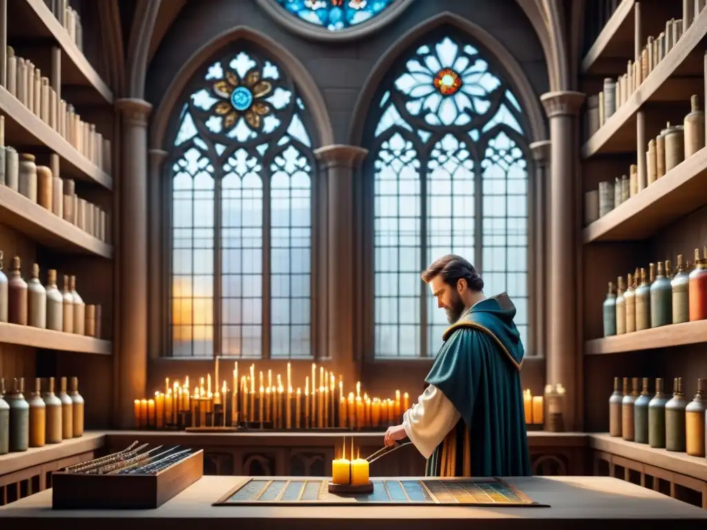 Artista medieval creando vitral en catedral con herramientas de arte y técnicas antiguas