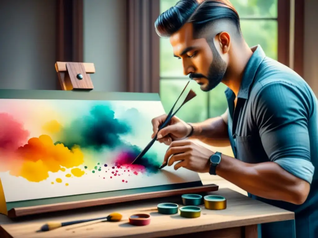 Un artista meticuloso prepara un lienzo con colores vibrantes, destacando la importancia de la calidad en el arte