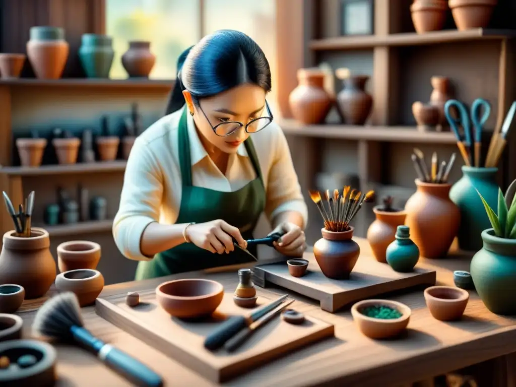 Artista en miniatura creando escultura con precisión, rodeado de herramientas