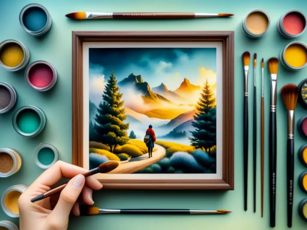 Un artista miniatura crea una obra de arte en un lienzo diminuto rodeado de pinceles y pinturas, reflejando el Miniaturismo arte contemporáneo europeo