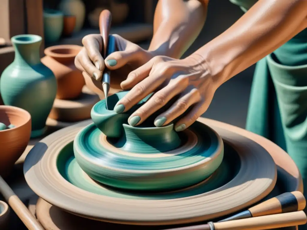 Escultura en barro: arte moderno en movimiento Artista modernista moldea arcilla en torno cerámico, rodeado de herramientas y esmaltes vibrantes, fusionando belleza y funcionalidad en la cerámica modernista historia técnica cultural