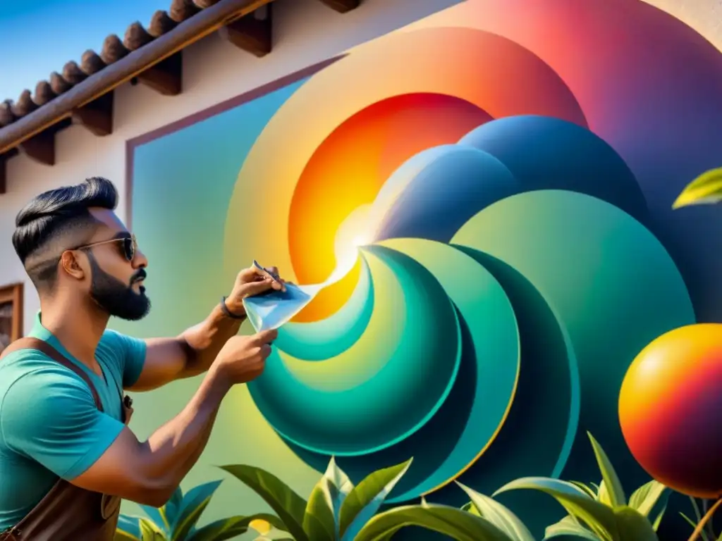 Artista restaurando mural al aire libre, mezclando colores para conservar detalle