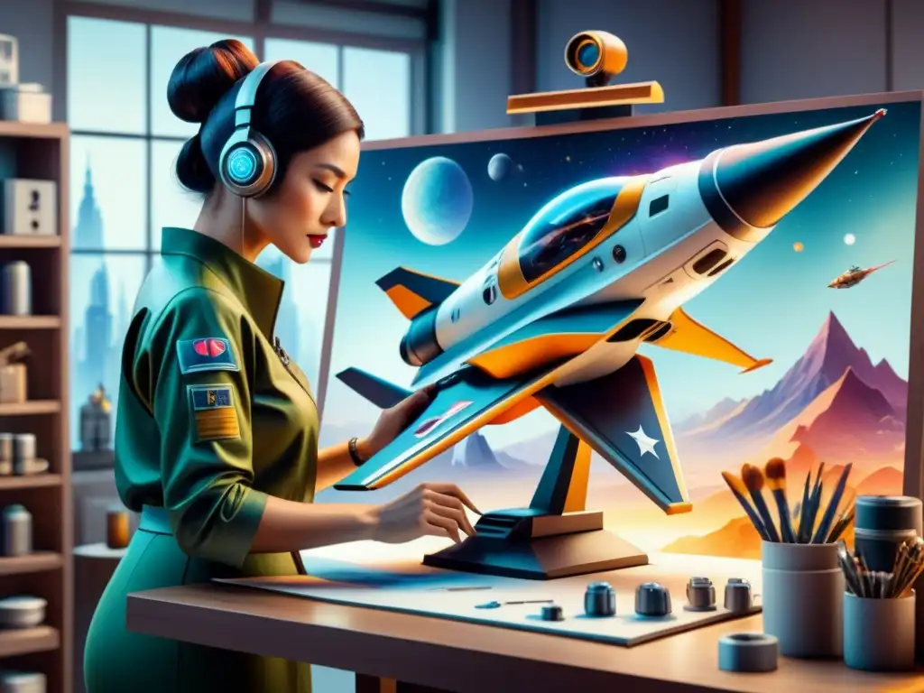 Un artista modelando detalladamente una nave espacial futurista en un estudio luminoso