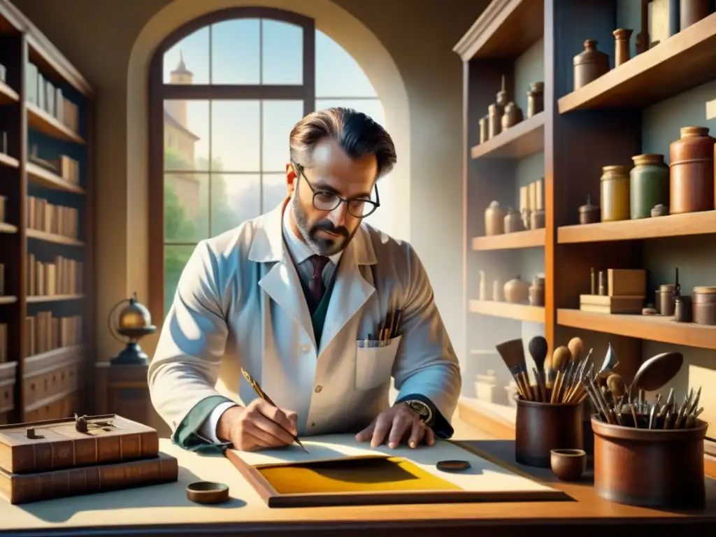 Un artista restaura con maestría una obra centenaria en un estudio soleado, rodeado de herramientas y libros antiguos, destacando las técnicas tradicionales de restauración artística