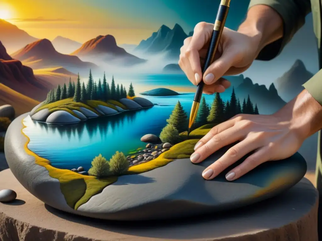 Artista pintando paisaje en óleo sobre piedra river, mostrando técnica detallada y creativa