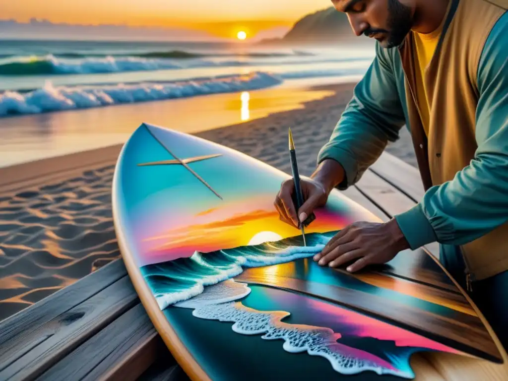 Artista pintando paisaje playero con óleo en tabla de surf, manos con manchas de pintura