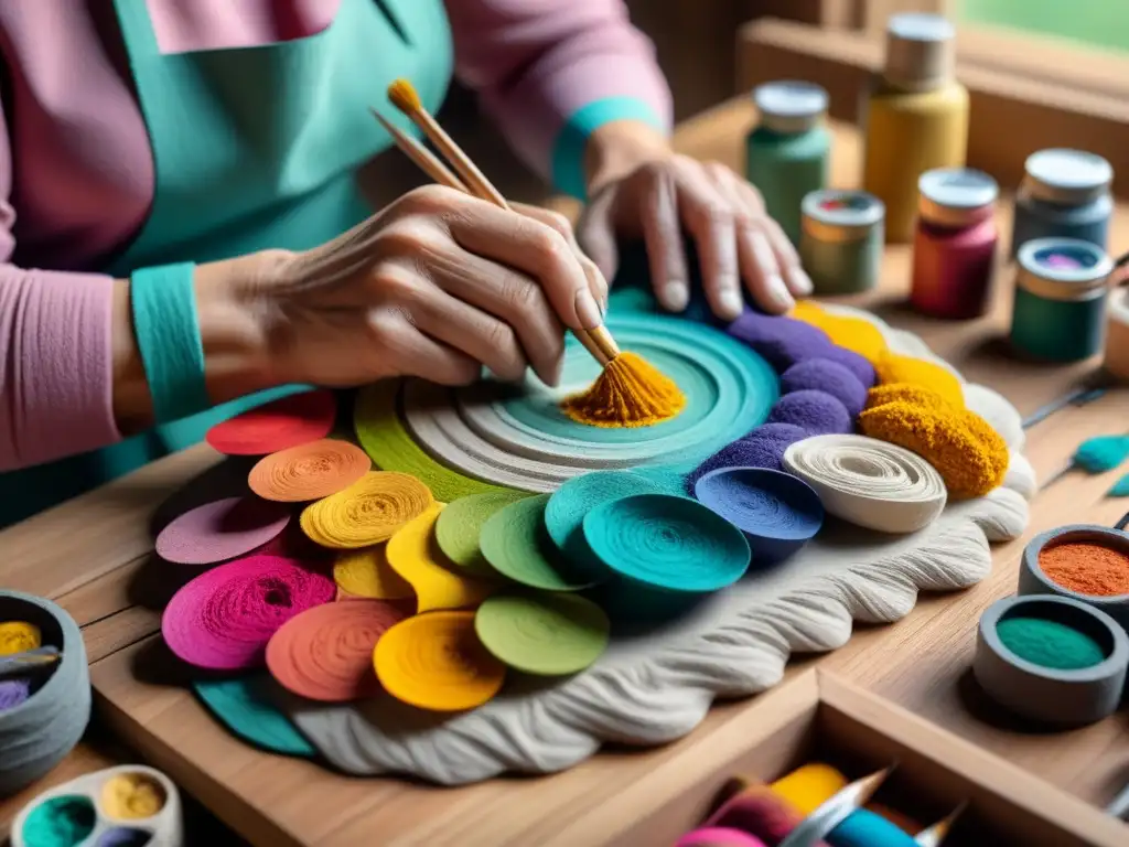 Un artista moldea papel maché reciclado, rodeado de pinturas y herramientas en una mesa de madera