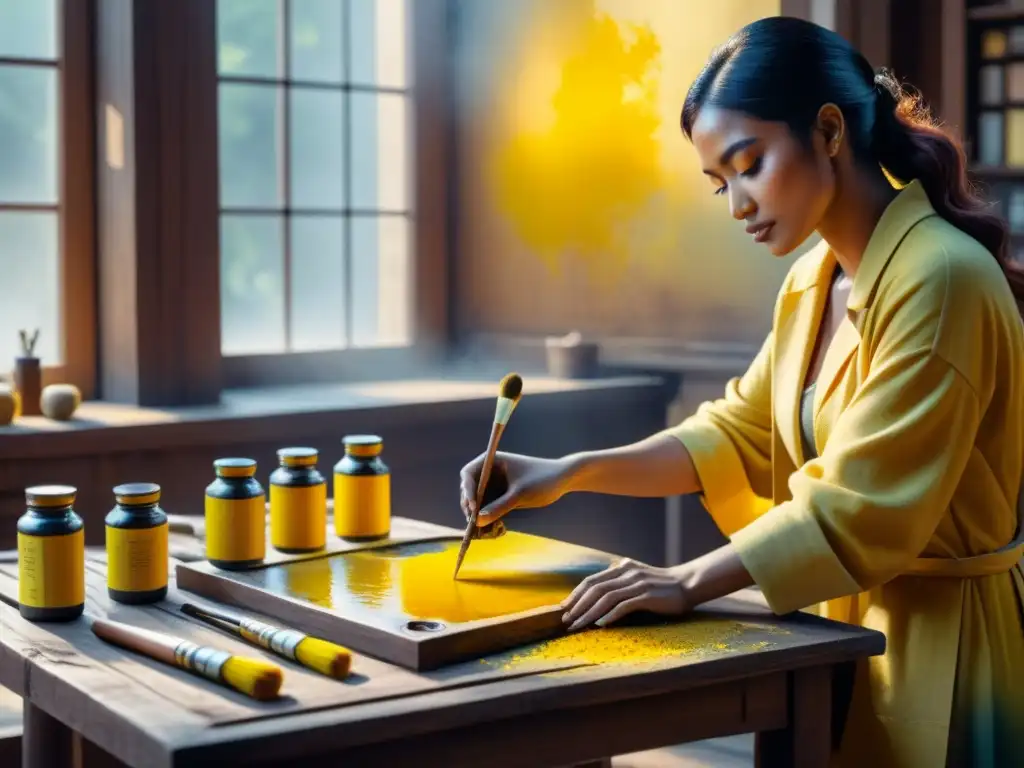 Artista mezclando pigmentos amarillos para lograr el amarillo perfecto, con pinceles y tubos de pintura en mesa texturizada iluminada por luz cálida