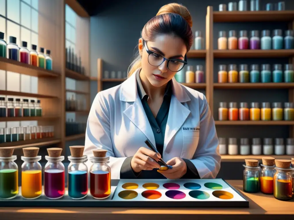 Un artista experimentando con pigmentos y color en su laboratorio blanco, creando una obra llena de creatividad