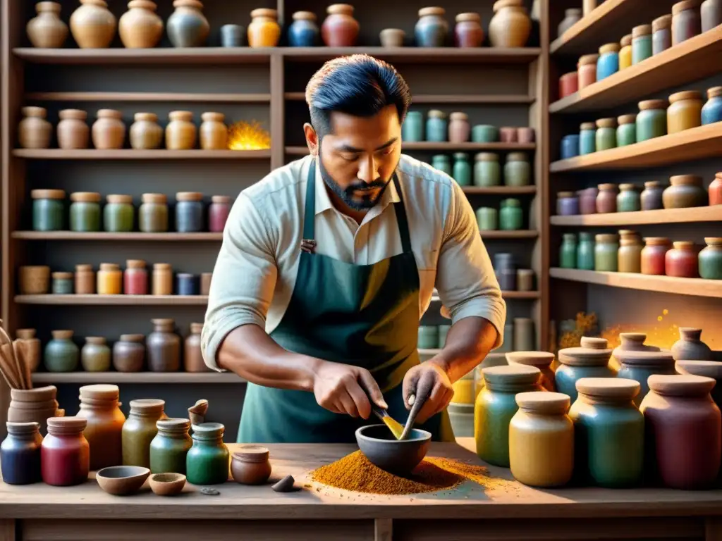 Un artista experimentando con pigmentos y color en su taller, creando antiguas mezclas con luz natural