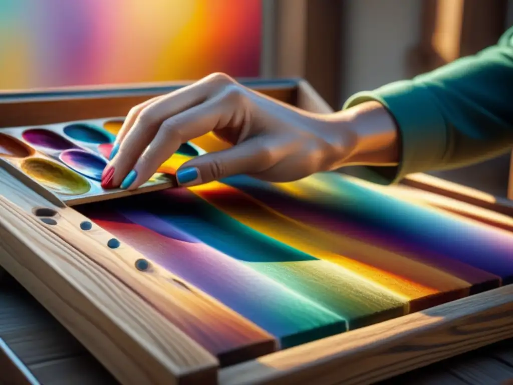 Un artista mezcla pigmentos en óleo en una paleta de madera, creando una danza de colores vibrantes bajo la luz del sol