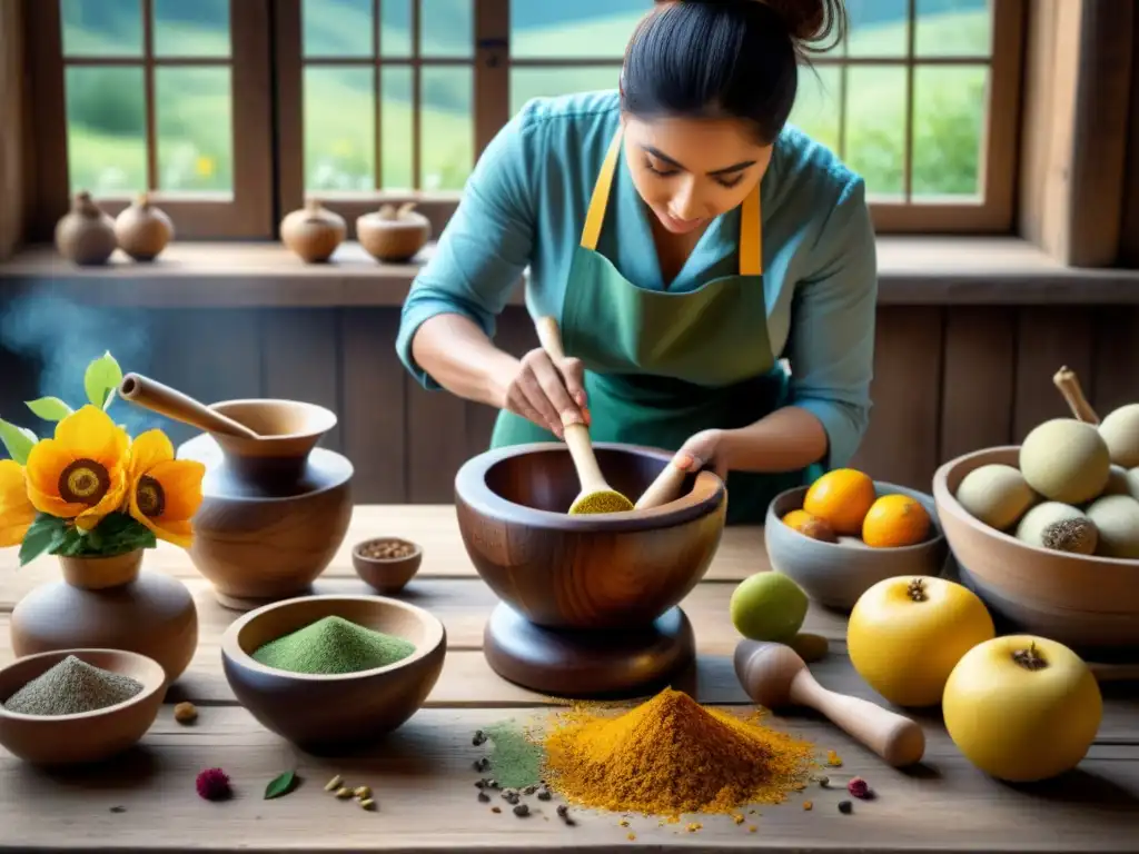 Artista creando pigmentos orgánicos caseros para arte en mortero de madera, ambiente cálido y auténtico