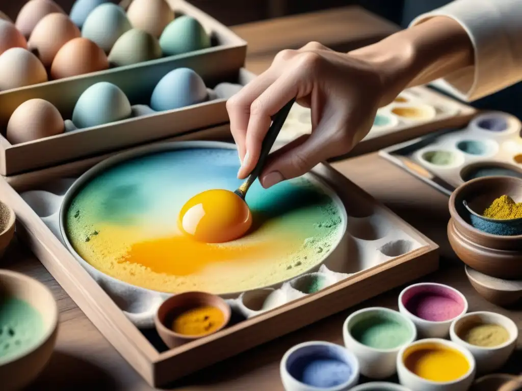 Un artista revive técnica Egg Tempera, mezclando pigmentos con yema de huevo en una paleta de madera