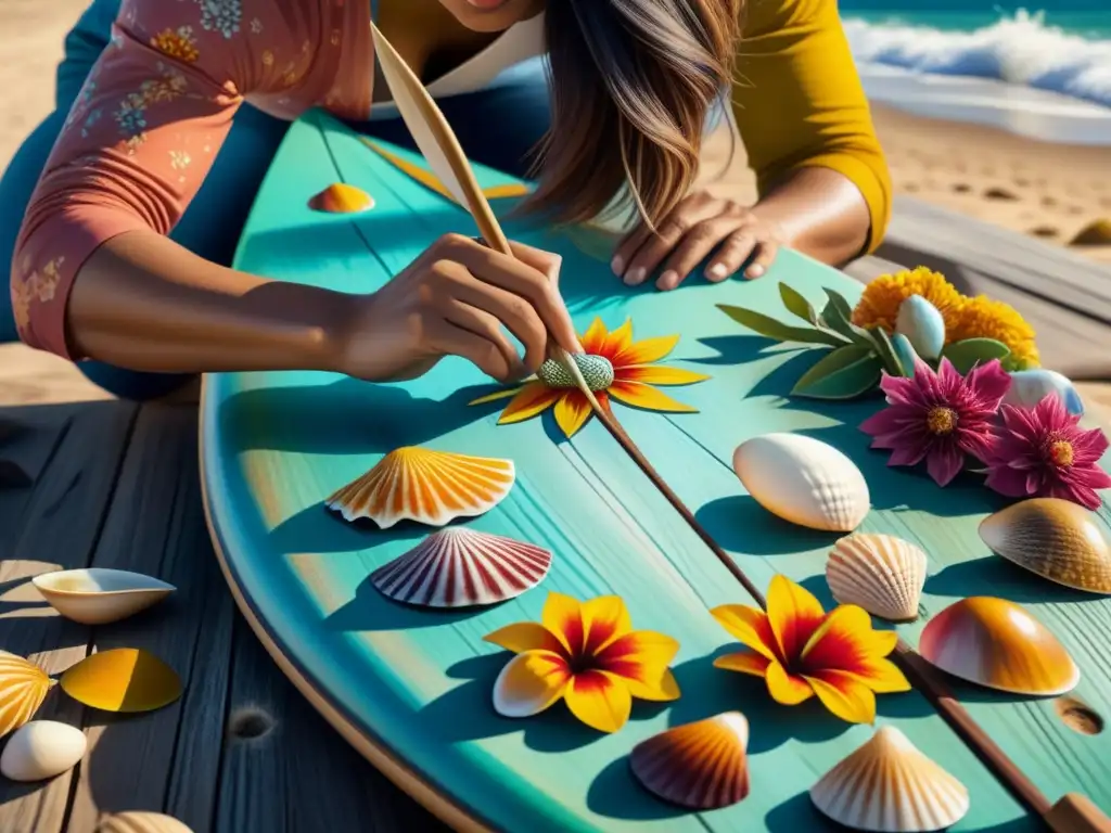 Artista crea pintura óleo en surf de madera, envuelto en atmósfera playera con esencia creativa y marina