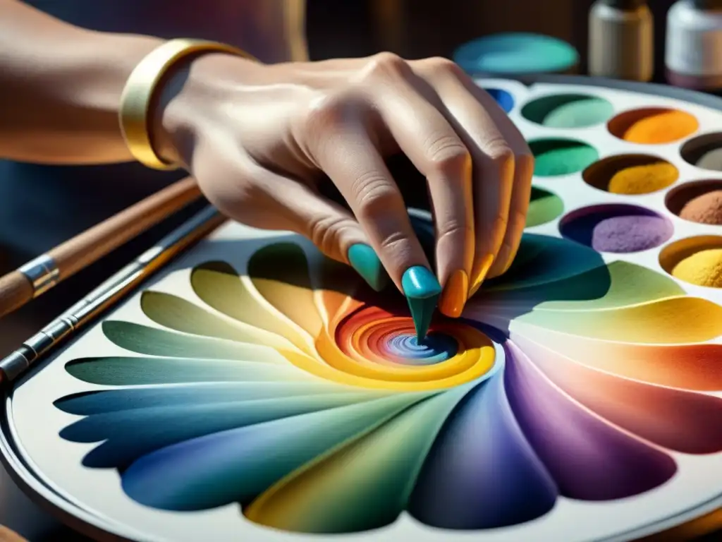 Un artista mezcla pinturas brillantes en paleta, creando texturas visuales