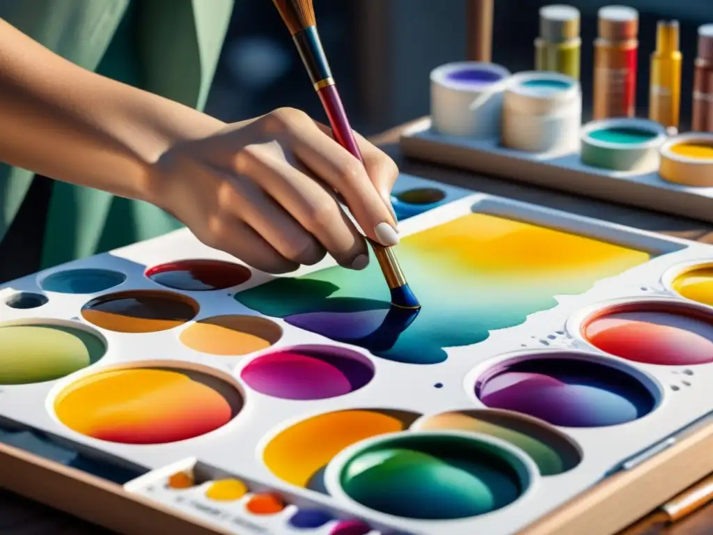 Maestro del color: mezcla precisa de acuarelas vibrantes Un artista mezcla pinturas para obras maestras, mostrando destreza y armonía de colores en un paleta blanca