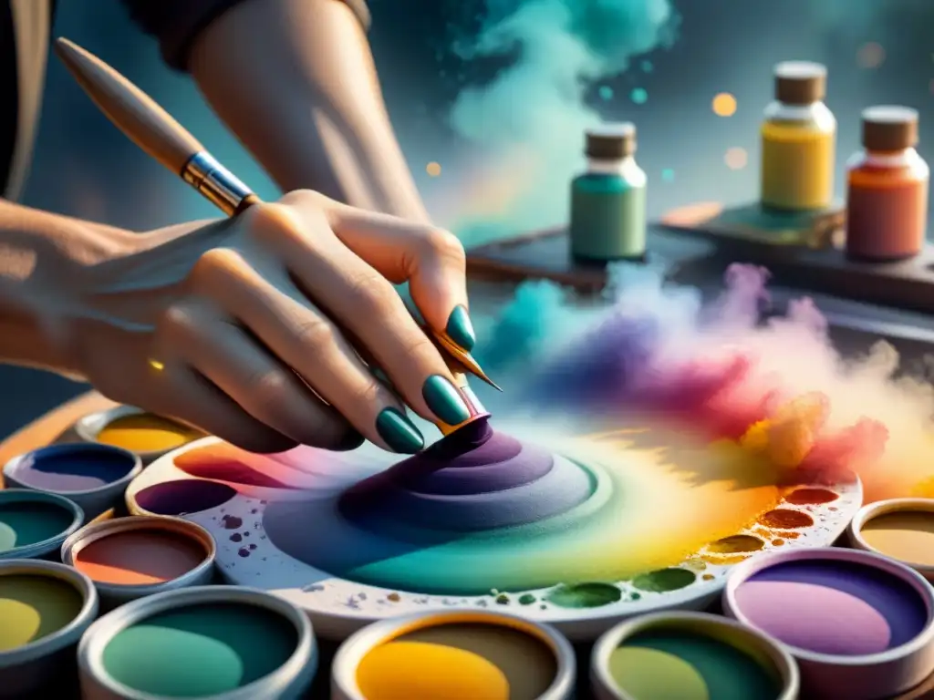 Mezcla de acuarelas: armonía de colores en acción Un artista mezcla pinturas para obras maestras, creando una sinfonía de colores vibrantes en su paleta