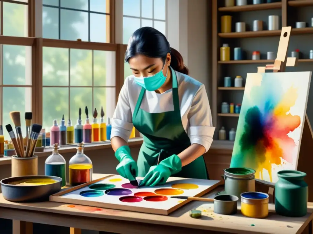 Un artista con precauciones pintura al óleo: concentrado y cuidadoso, creando con colores vibrantes bajo la luz cálida