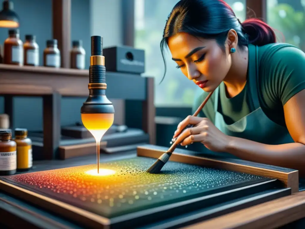 Un artista tallando con precisión un bloque de linóleo, capturando la esencia de la ciencia técnicas impresión artística