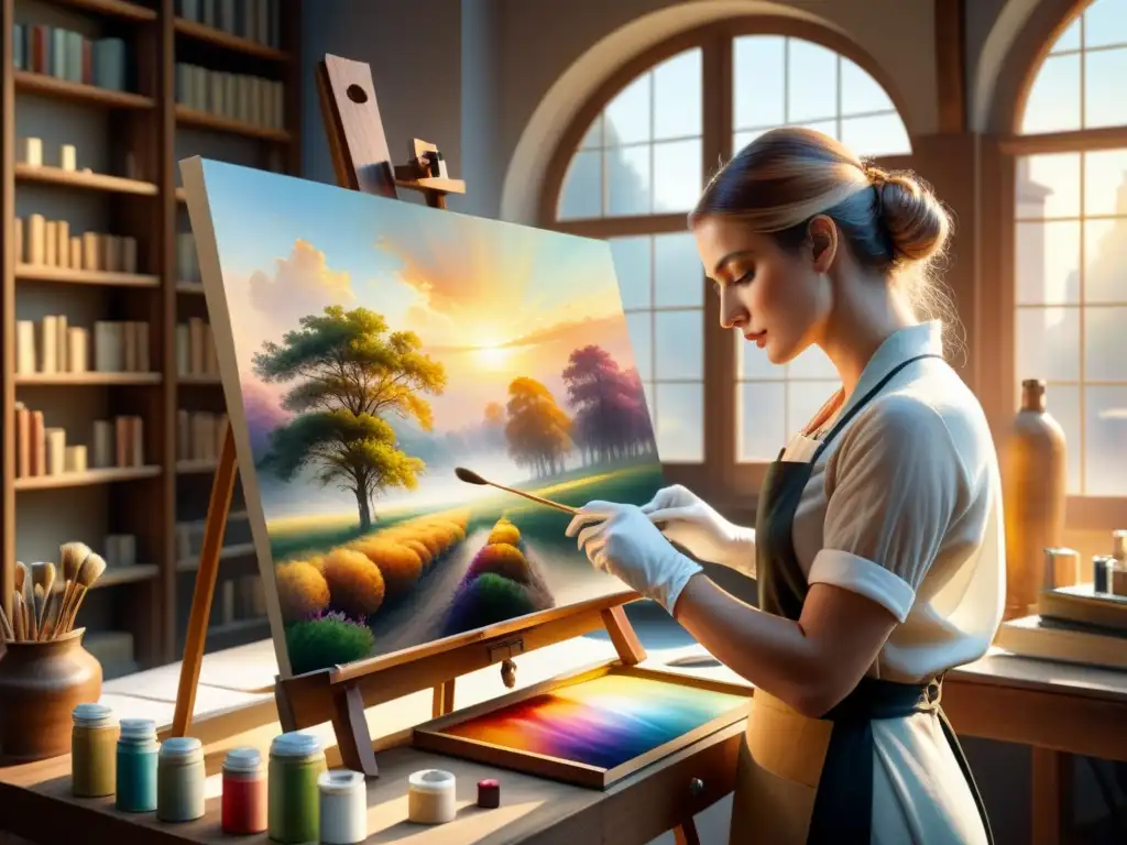 Un artista restaurando con precisión una pintura clásica en un estudio iluminado por el sol, fusionando creatividad y precisión