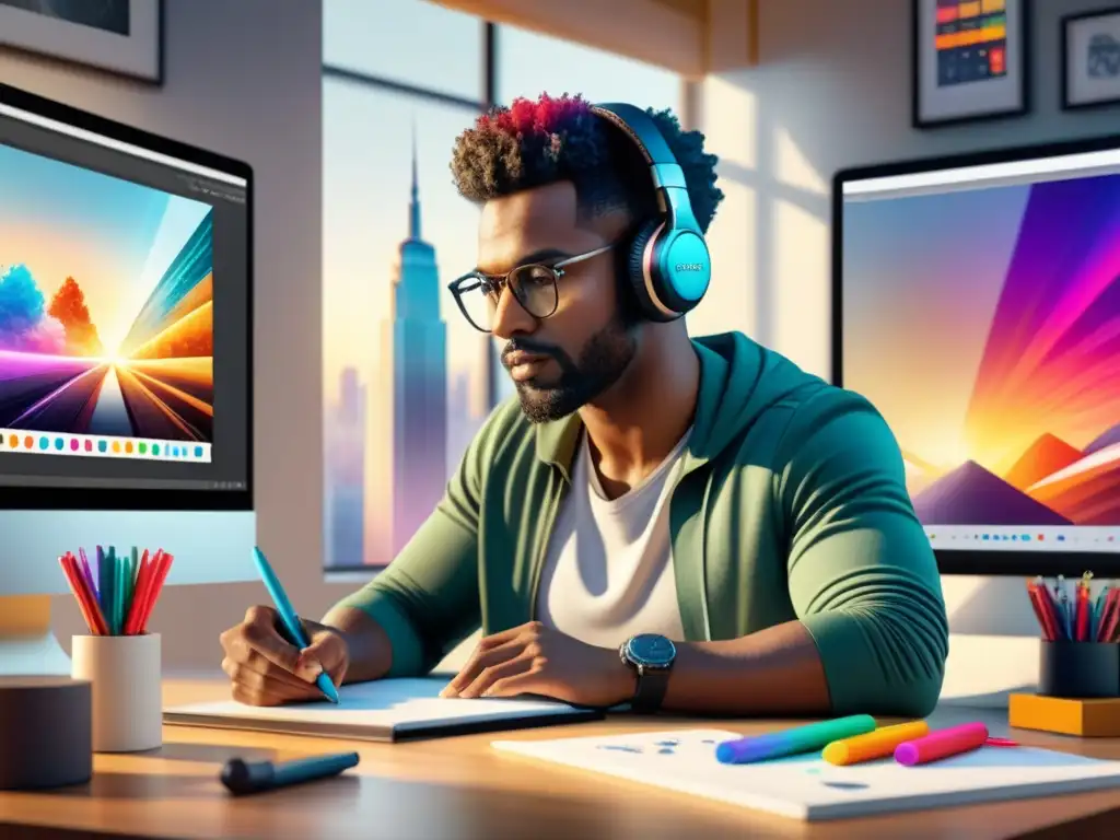 Joven artista de motion graphics concentrado en su primer proyecto Un artista de Motion Graphics principiante concentrado en su proyecto, rodeado de colores y creatividad en su estudio