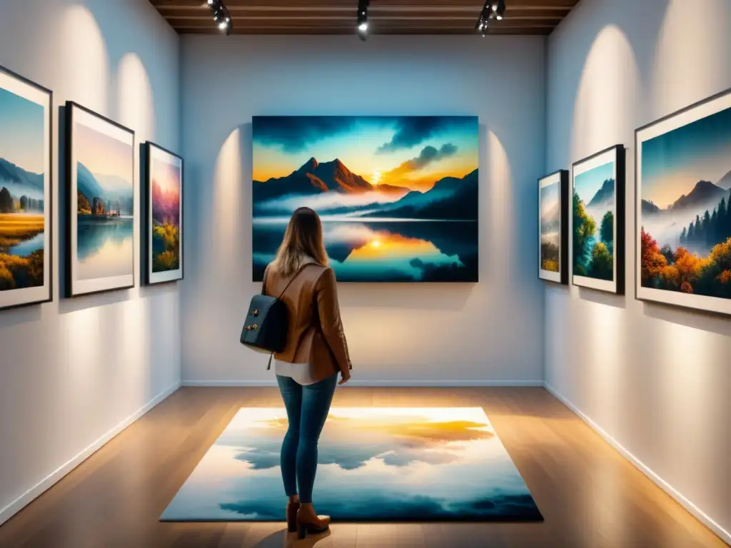 Una artista principiante montando su primera exposición de arte, creando una atmósfera de creatividad y emoción