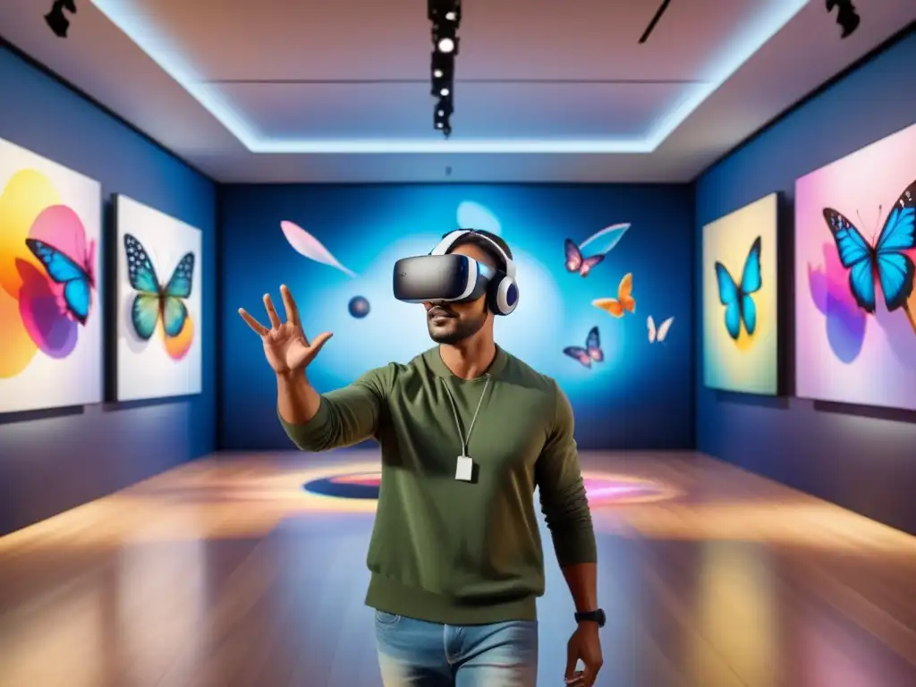 Un artista de realidad virtual en una muestra de arte digital surrealista con formas abstractas y colores vibrantes