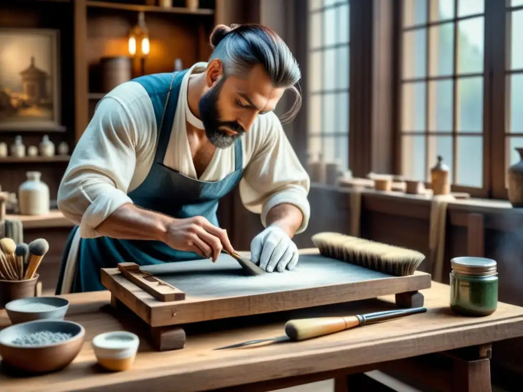 Artista renacentista preparando Blanco de Plomo en Arte en su estudio histórico