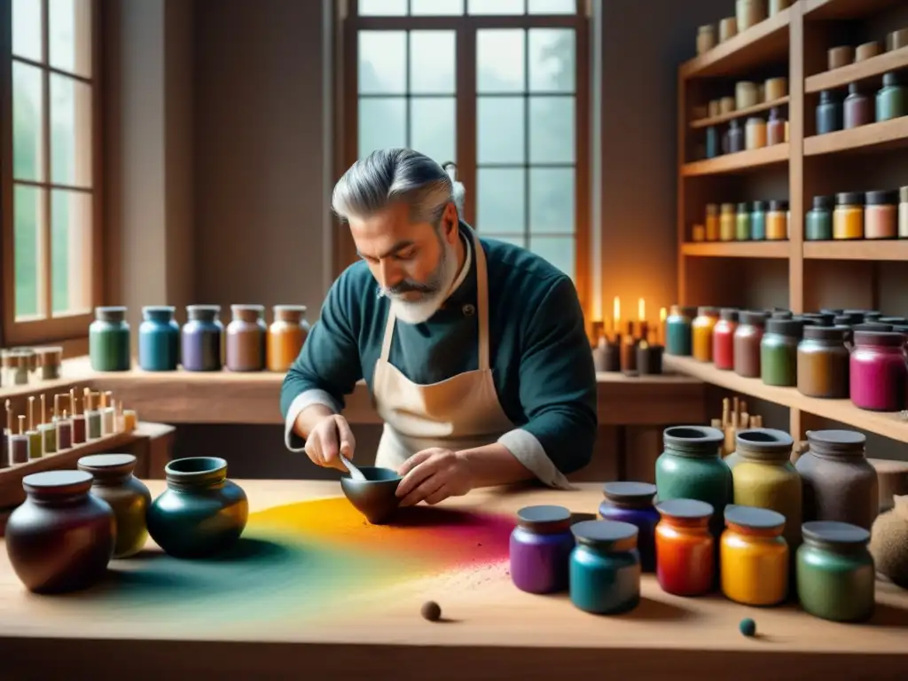 Un artista renacentista preparando y aplicando pigmentos con meticulosidad en su taller