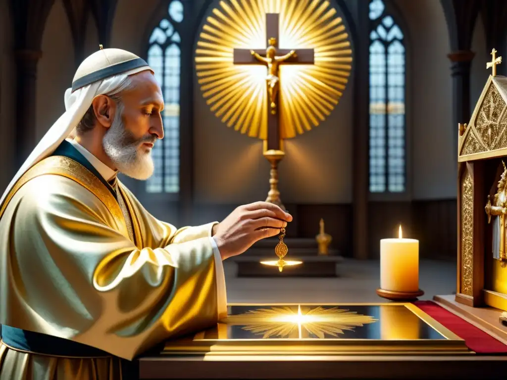 Un artista del Renacimiento aplica delicadamente hojas de oro sobre un altar religioso, destacando el significado del oro en Renacimiento