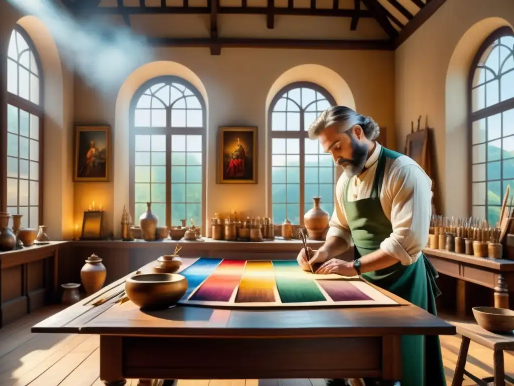 Artista del Renacimiento preparando y aplicando pigmentos con detalle en su taller histórico lleno de luz y color