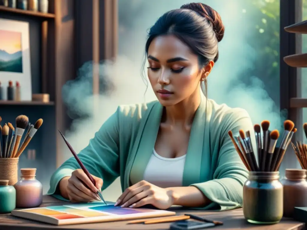 Un artista sereno sumergido en su creación rodeado de materiales artísticos, en un ambiente inspirador de autoexploración