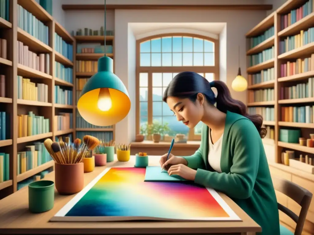 Un artista ilustra con técnicas artísticas un personaje de libro en un estudio soleado y acogedor