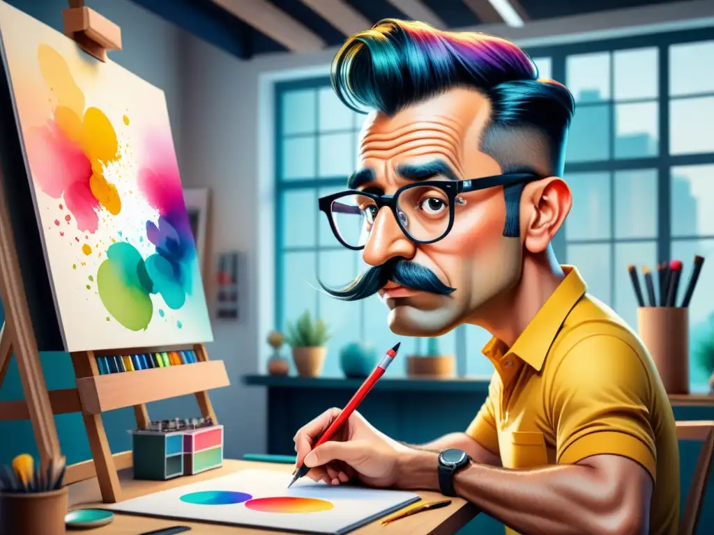 Un artista hábil en técnicas de caricatura en arte, concentrado en exagerar rasgos con expresión y colorido en su estudio