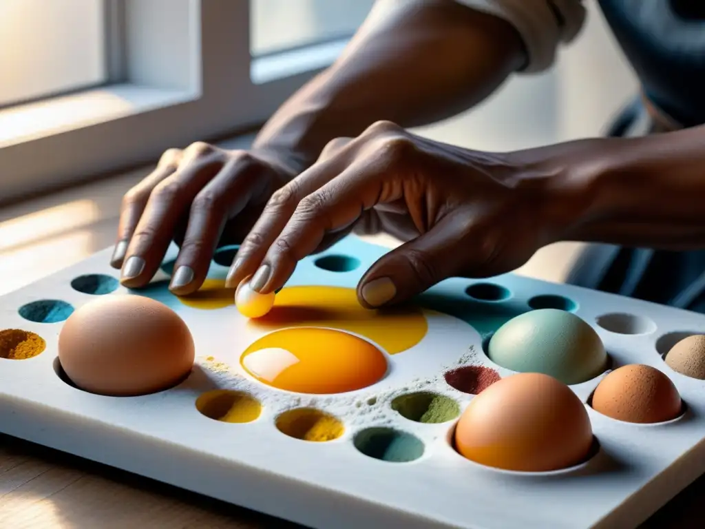 La artista revive técnica Egg Tempera: mezcla pigmentos con yema de huevo en paleta de mármol, creando colores vibrantes y atmósfera cálida