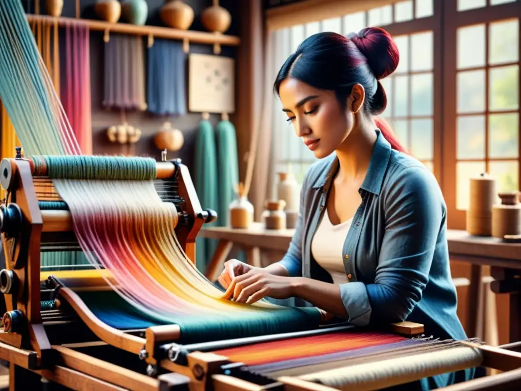 Un artista textil principiante concentrado en un telar rodeado de hilos y patrones coloridos, en un taller acogedor