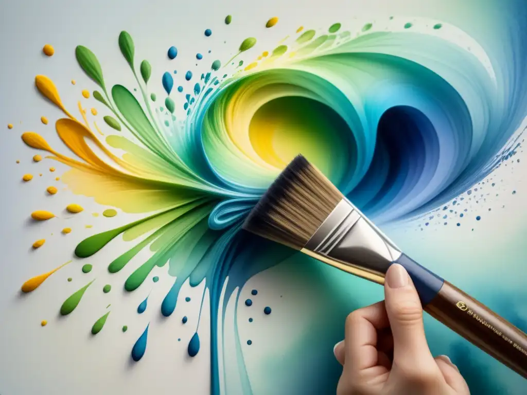 Un artista crea vibrantes swirls de color en lienzo en blanco, mostrando técnicas creativas