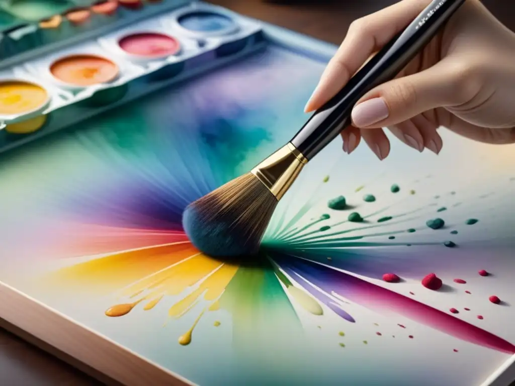 Artista hábil aplicando vibrantes colores con precisión, usando los mejores pinceles para arte visual