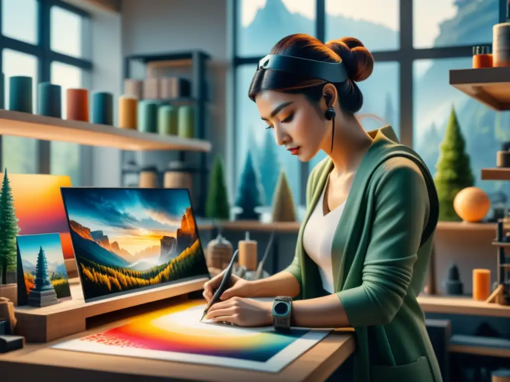 Escultura 3D: Arte fusionado con tecnología Un artista visual experto fusionando técnicas de impresión 3D en su estudio moderno y luminoso