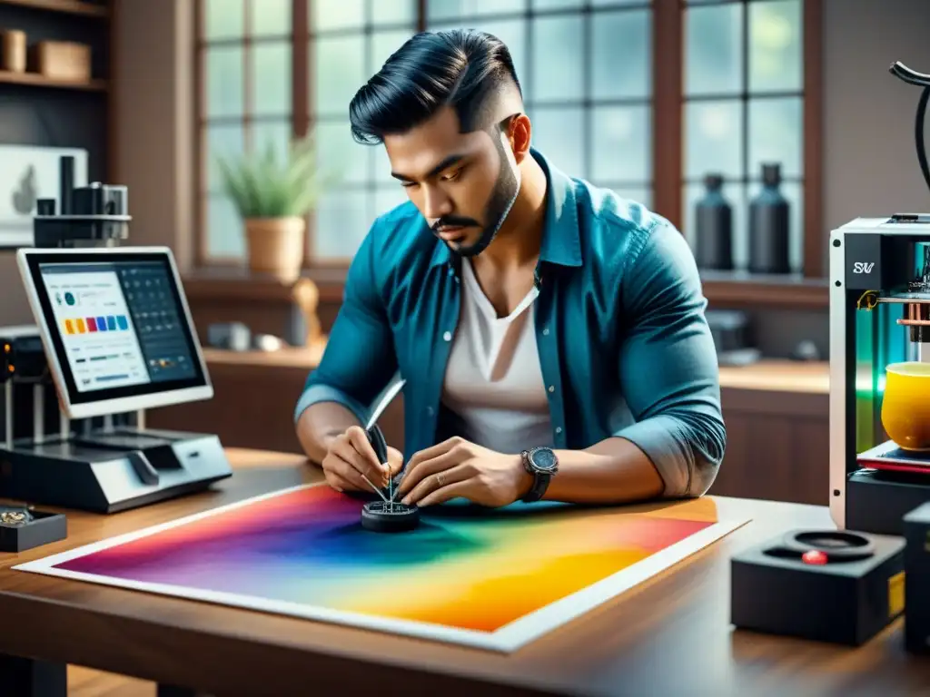 Artista visual crea arte innovador con impresión 3D Artista visual utiliza técnicas de impresión 3D avanzadas para crear obras innovadoras con filamentos coloridos