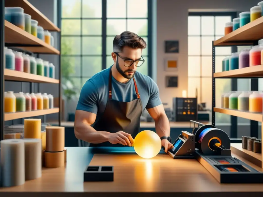 Artista visual crea escultura en 3D con detalle y precisión Un artista visual utiliza técnicas de impresión 3D en su estudio soleado, inspeccionando una escultura recién impresa