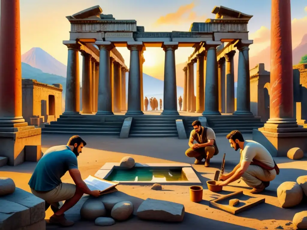 Artistas neoclásicos exploran Pompeya al atardecer, inspiración y concentración