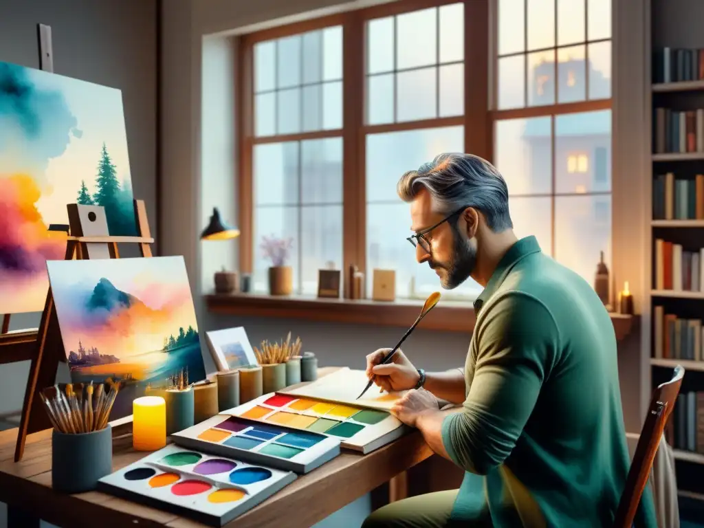 Artistas visuales retratan autores en estudio de arte vibrante con paletas coloridas, pinceles y lienzos