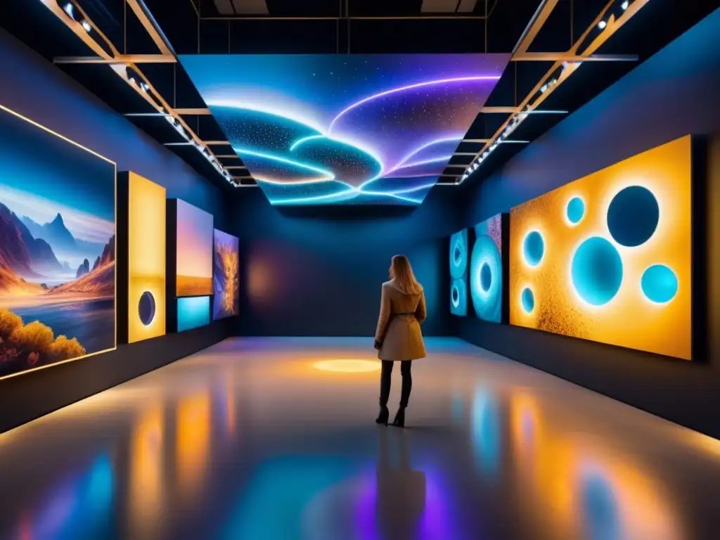 Instalación artística futurista con luces interactivas, formas orgánicas y colores vibrantes en galería oscura